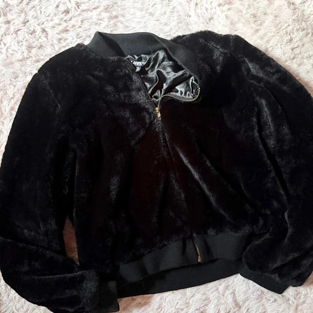Black Velvet Fuzzy Plush Bomber Jacket Womens 1XL Urban Glam Hiphop Streetwear